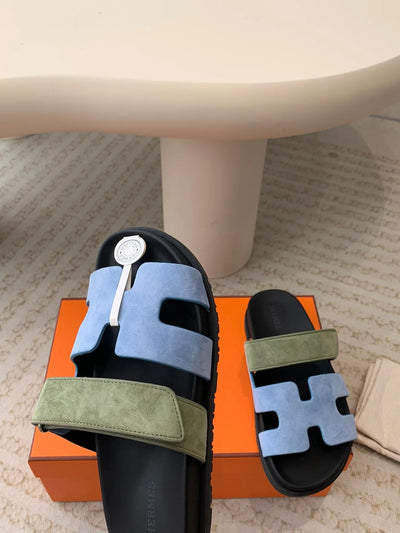 Hermès Chypre Sandal – Olive/Turquoise Blue Suede & Black Calfskin hover