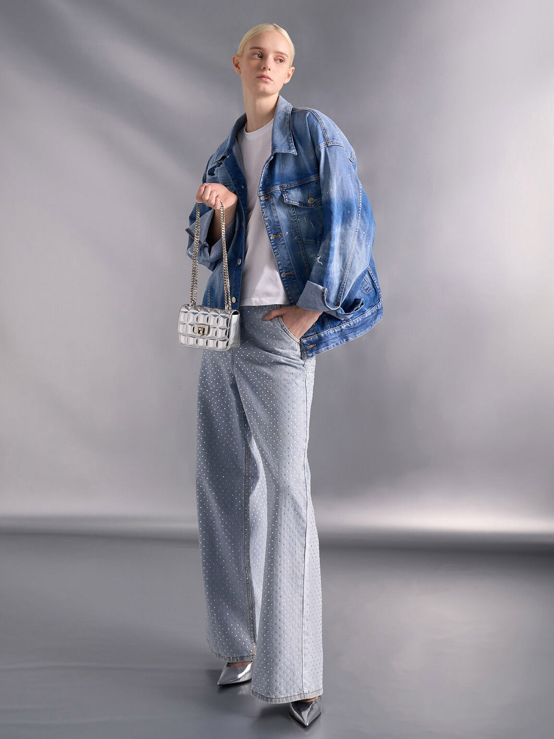 Charles & Keiith Metallic Square-Quilted Chain-Handle Bag - Silver