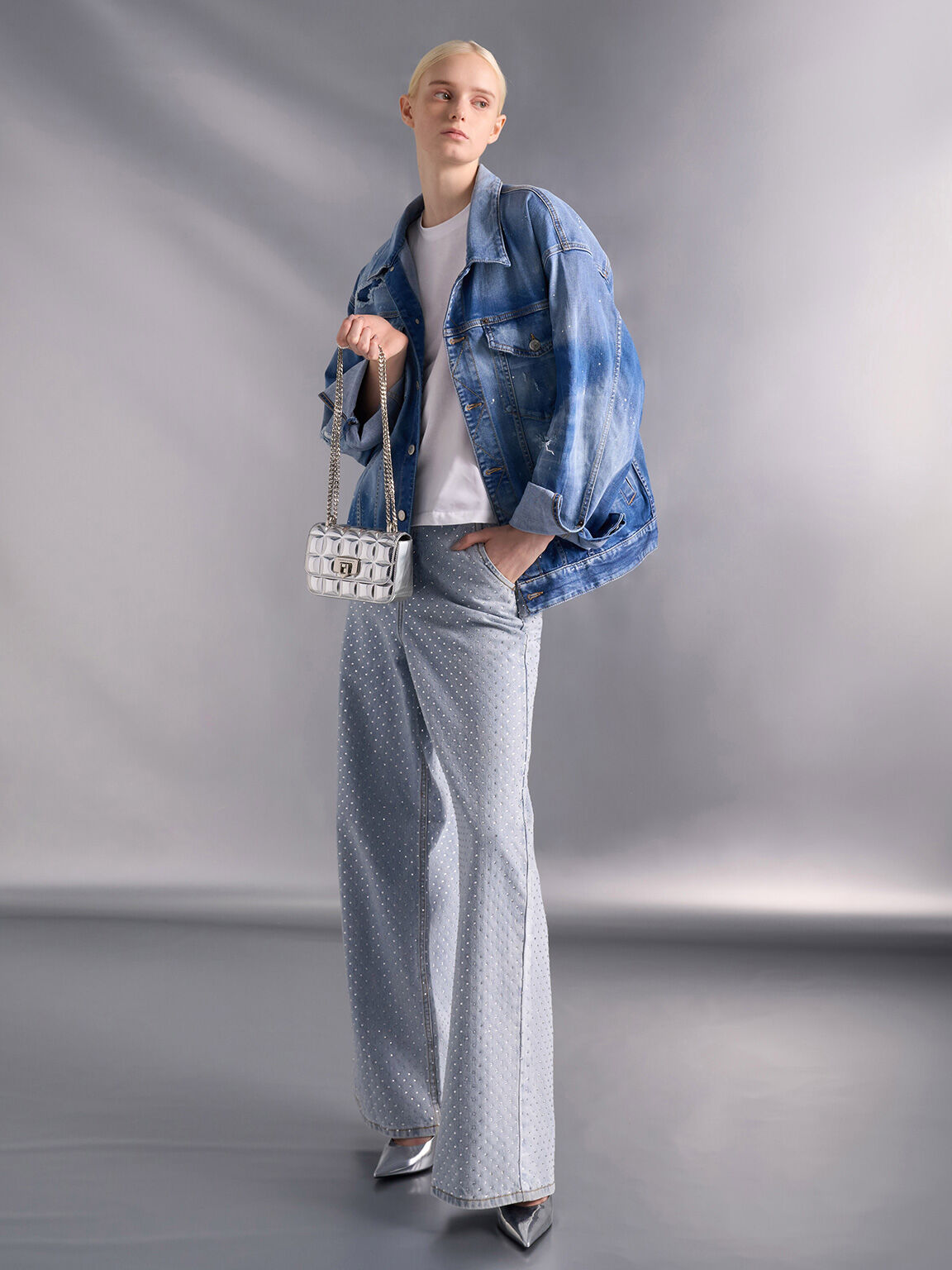 Charles & Keiith Metallic Square-Quilted Chain-Handle Bag - Silver