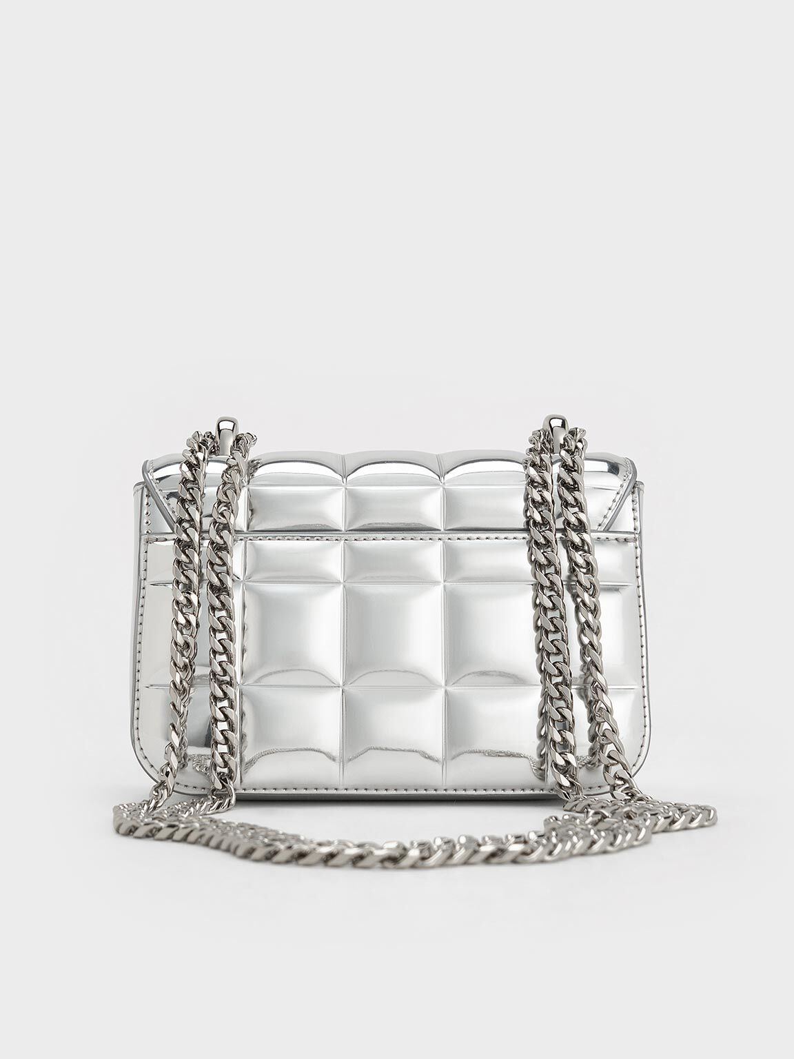 Charles & Keiith Metallic Square-Quilted Chain-Handle Bag - Silver