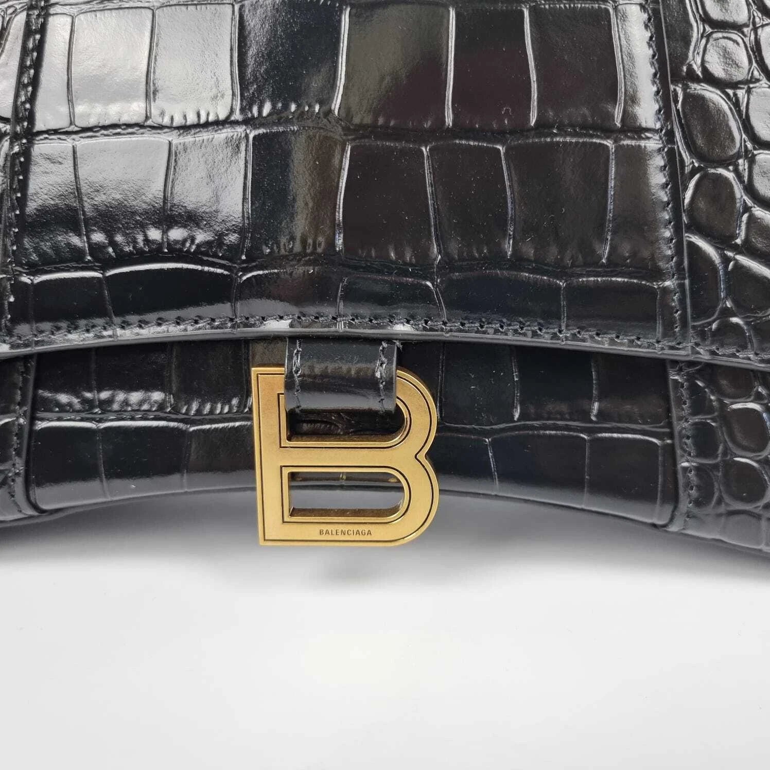 BALENCIAGA Hourglass Small  Black Embossed Leather Top Handle