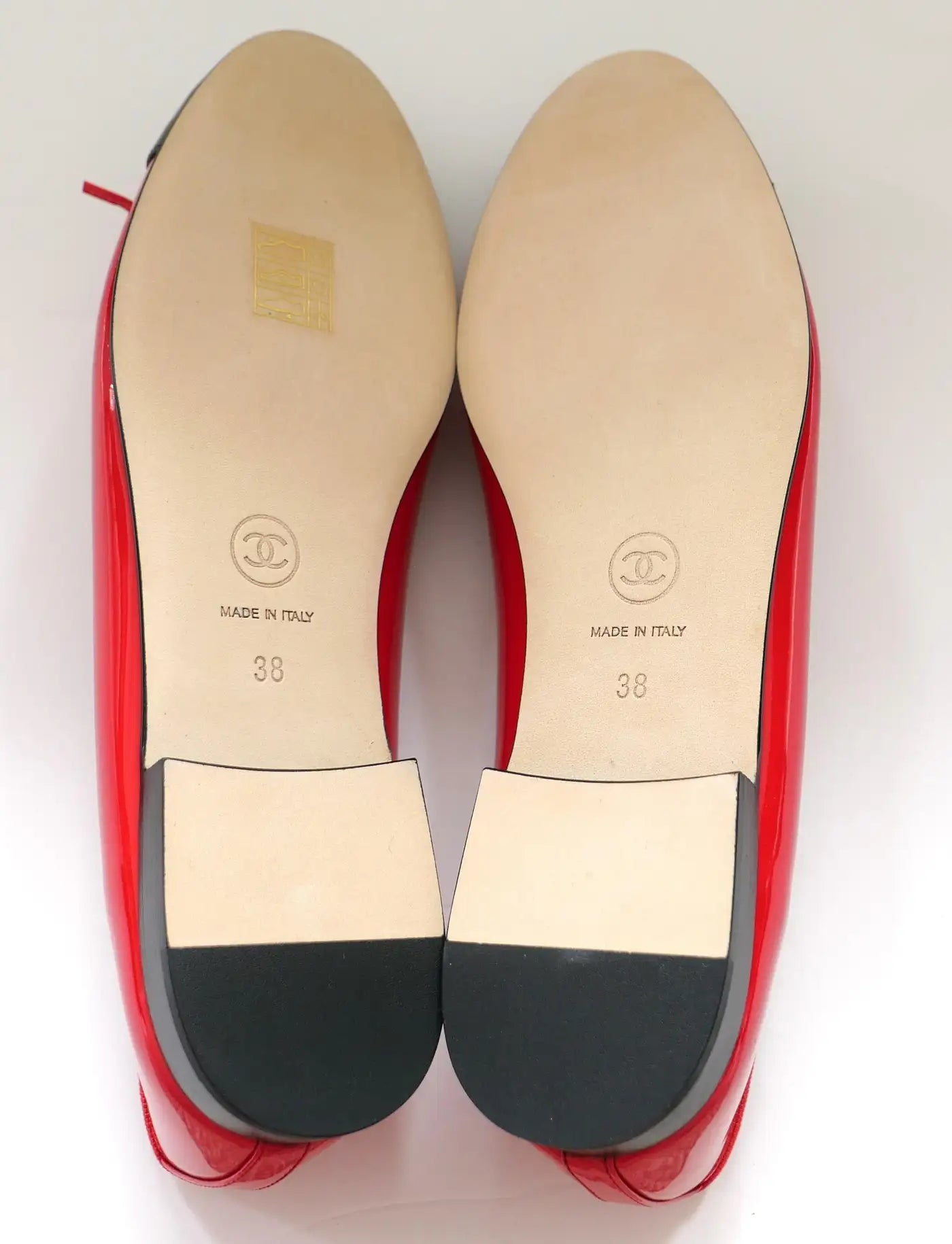 Chanel Red Patent Leather CC Toe Ballet Flats