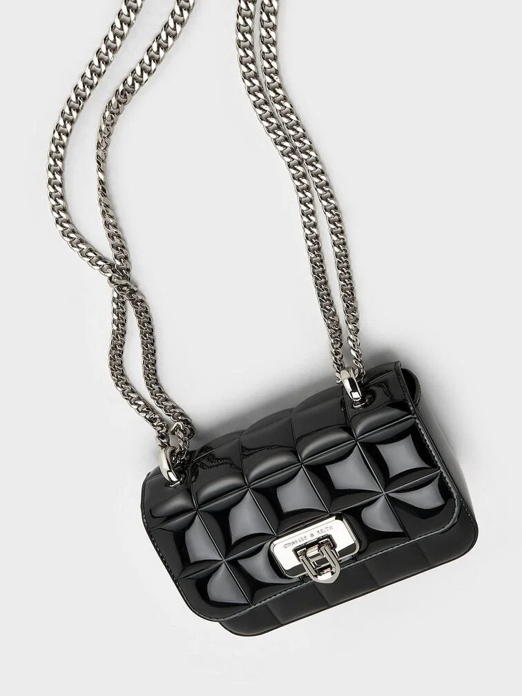 CHARLES & KEITH Patent Square-Quilted Chain-Handle Bag - Noir