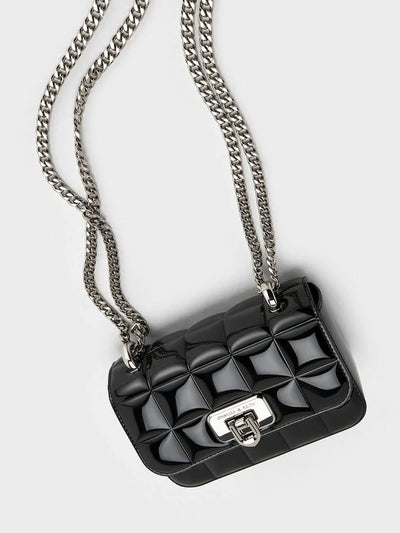 CHARLES & KEITH Patent Square-Quilted Chain-Handle Bag - Noir hover