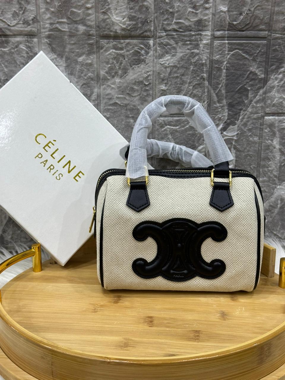 Celine Triomphe Textile Calfskin Small Boston Bag Natural Tan