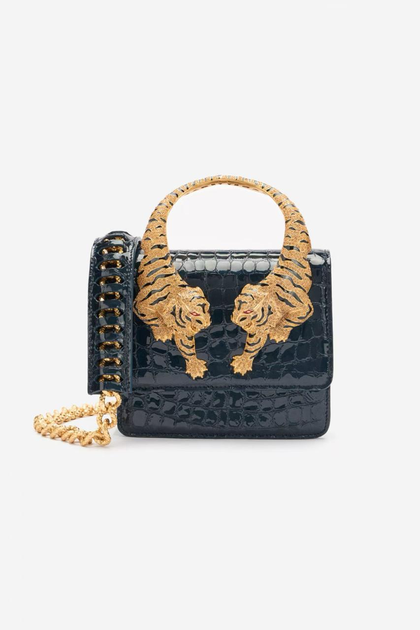 Luxury Croc-Textured Mini Handbag with Gold Tiger Handle – Maroon