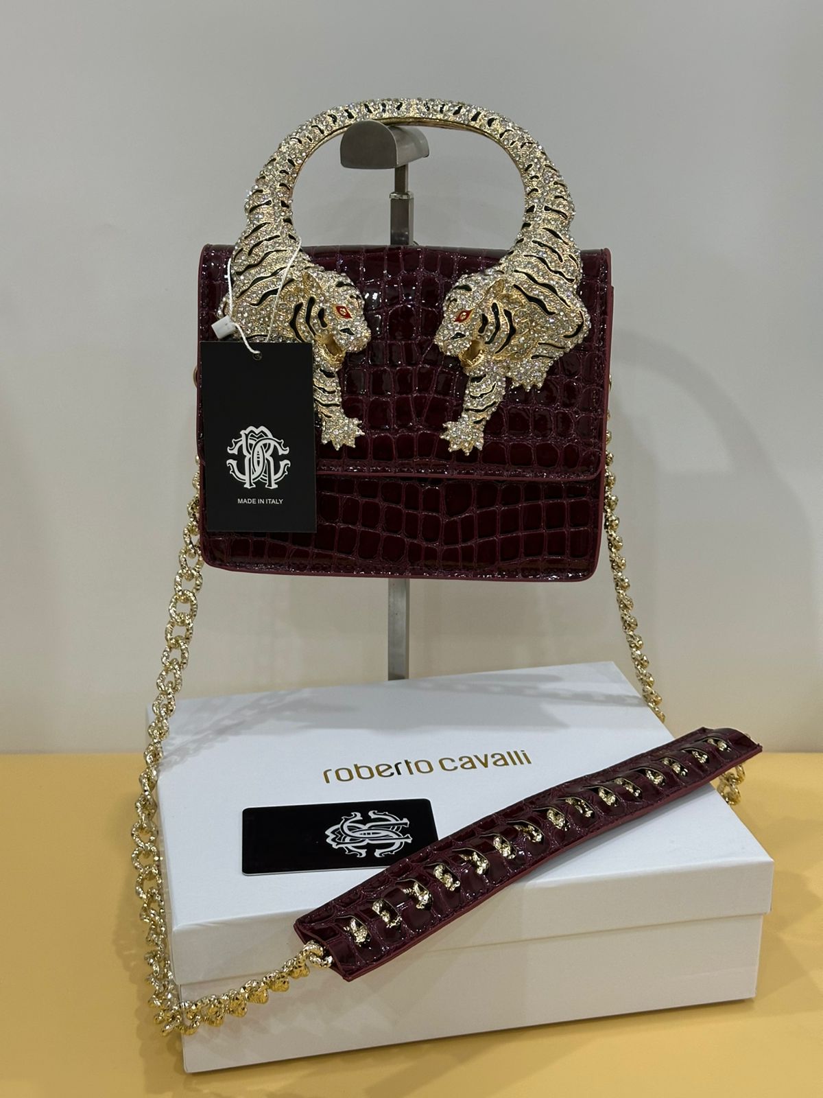 Luxury Croc-Textured Mini Handbag with Gold Tiger Handle – Maroon