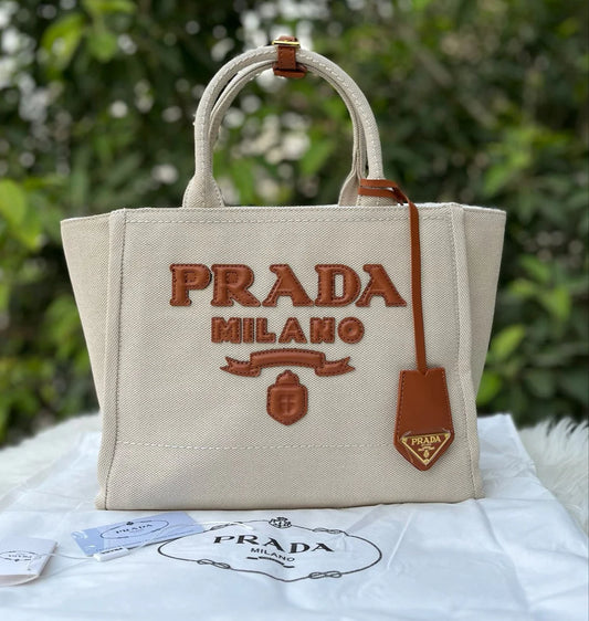 Prada Linen Blend Tote Bag for Women (Brown)