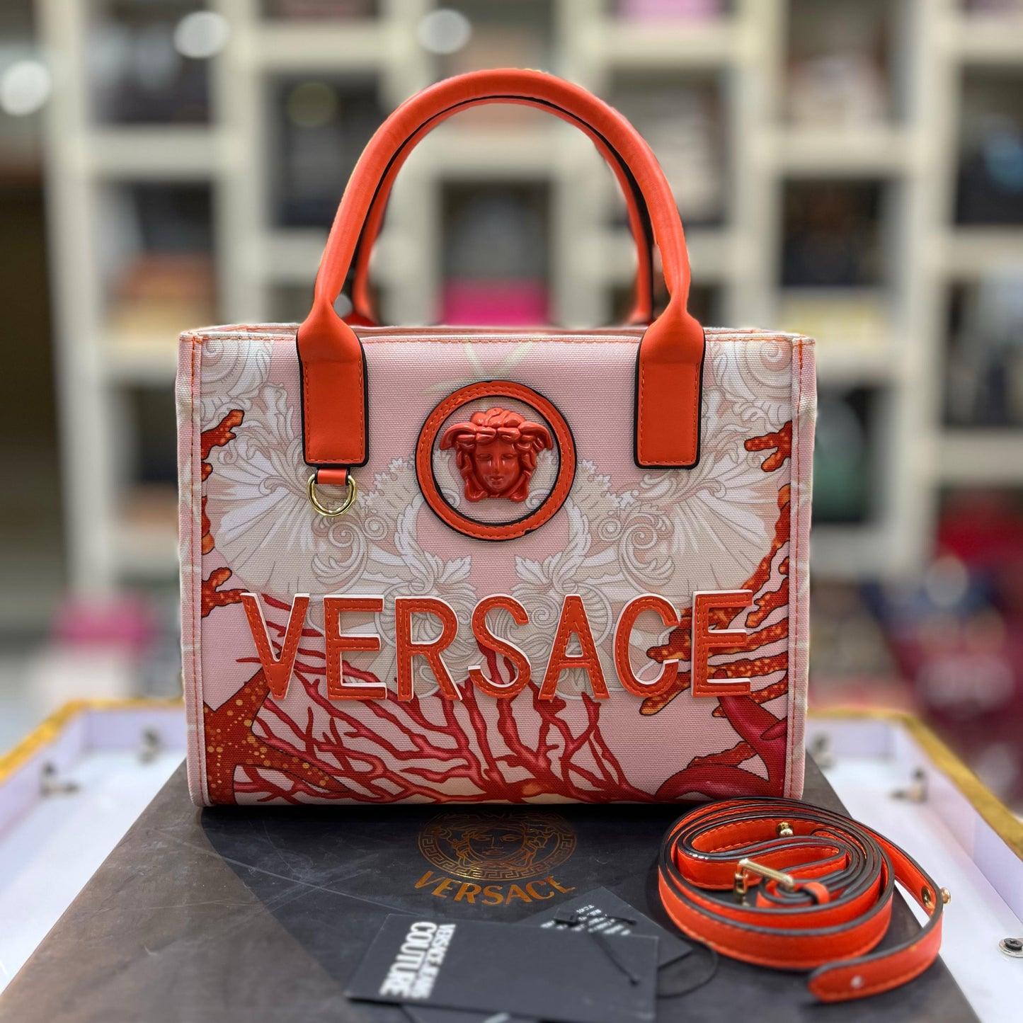 VERSACE Barocco Sea Canvas Tote Bag Orange