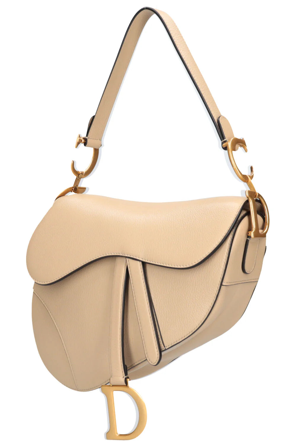 Beige Christian Dior Saddle Bag with canvas texture, D-ring charm, and signature monogram finish