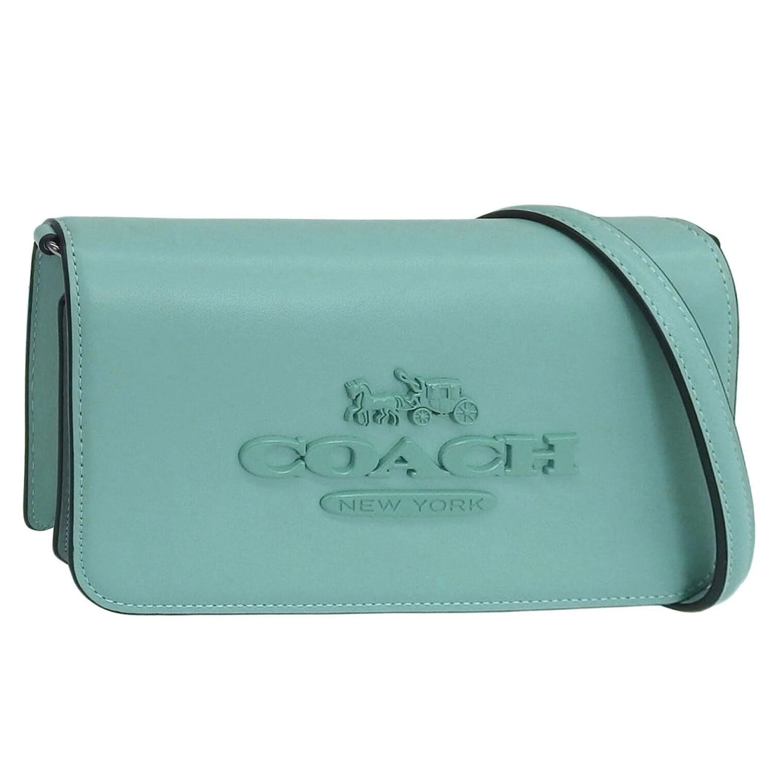 Side profile of blue Coach Tony Crossbody Bag showing adjustable strap and compact size
