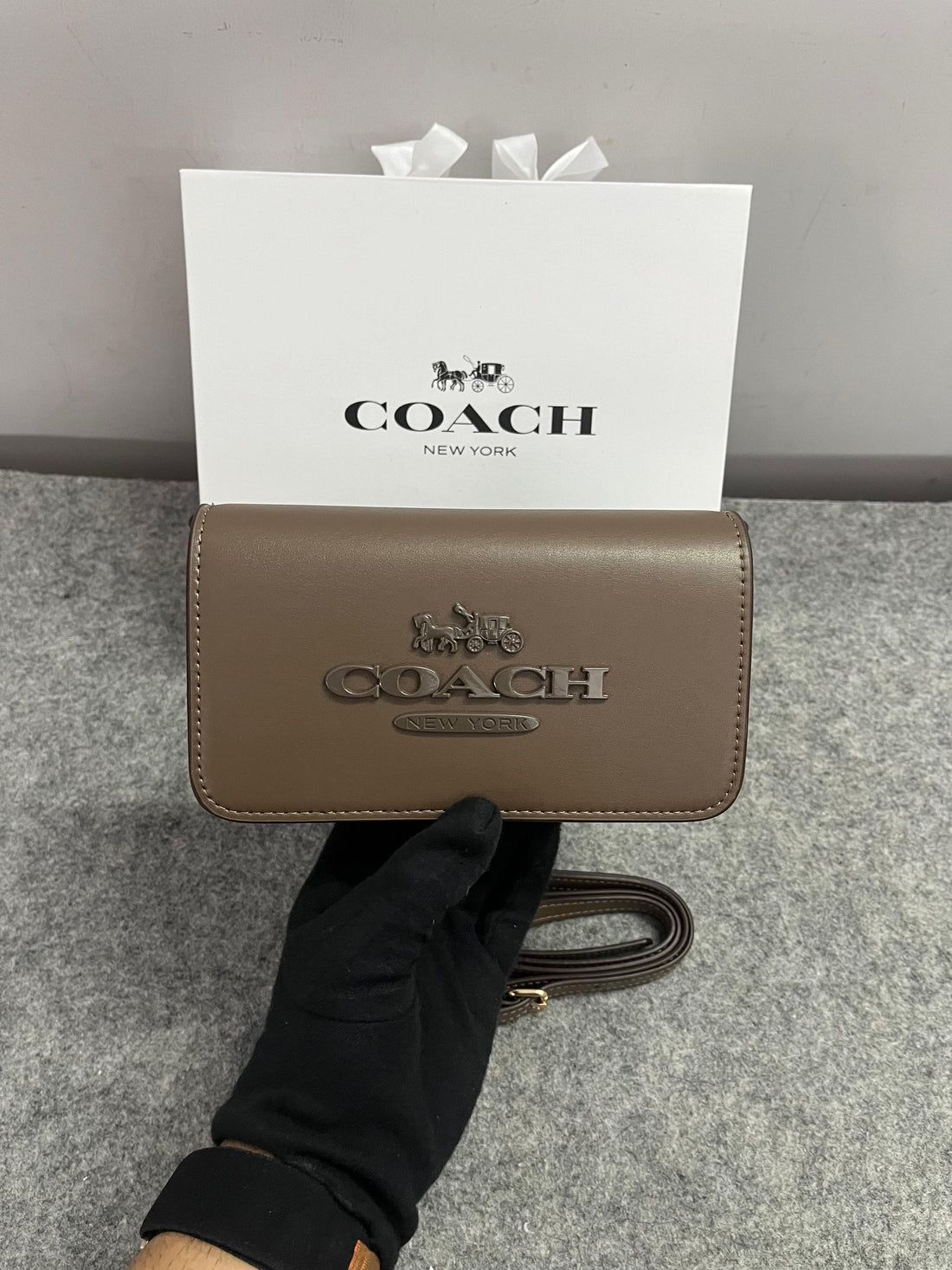 Front view of Coach Tony Mini Crossbody Leather Bag in brown with gold-tone accents