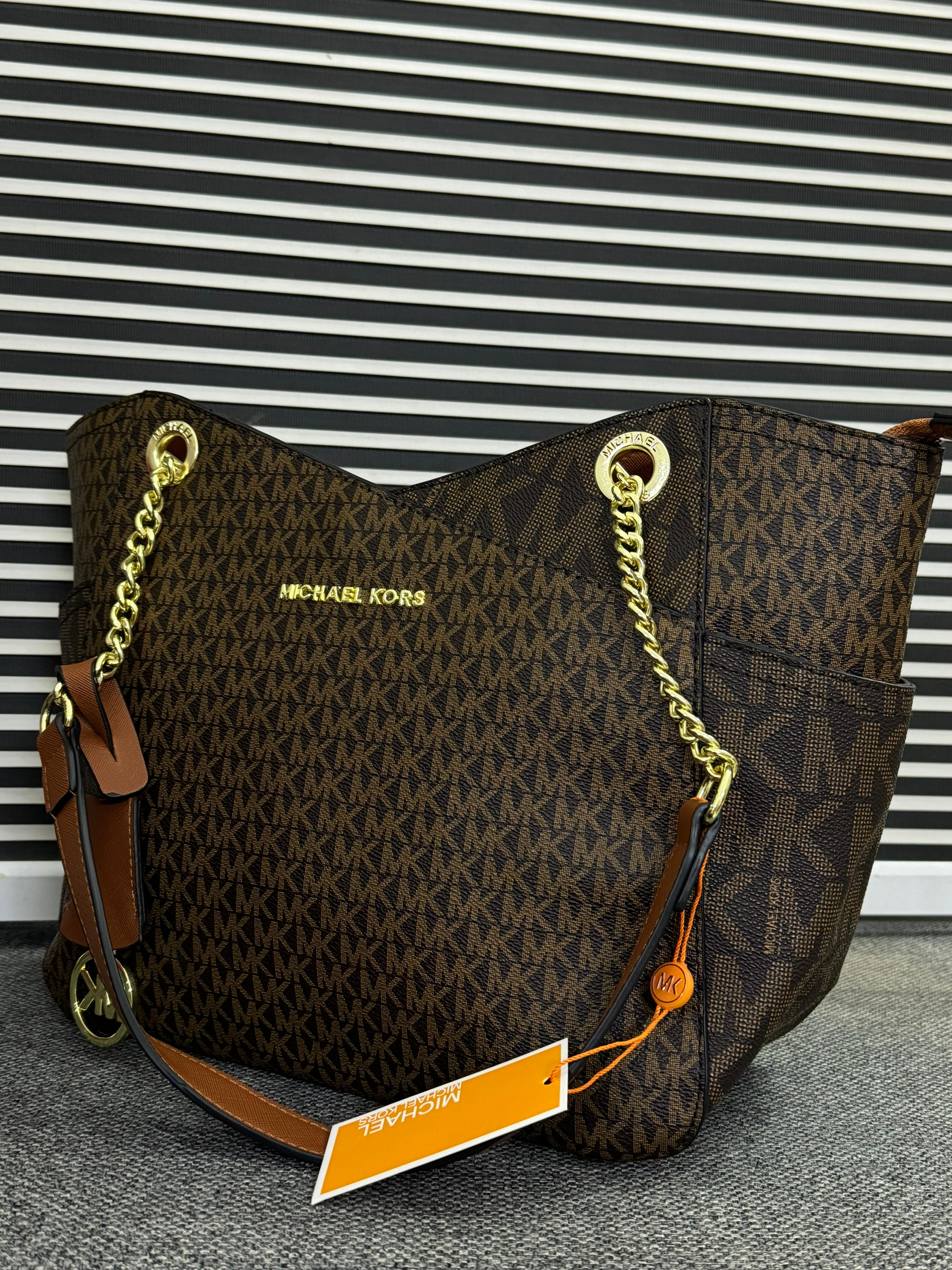 Michael Kors Large X Chain Shoulder Tote Brown Signature