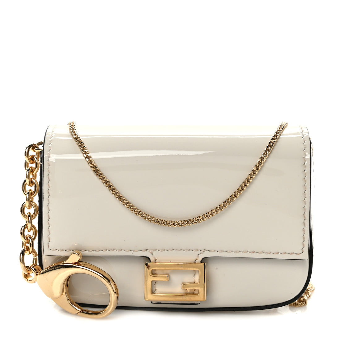 Front view of Fendi Nano Baguette Patent Bag Charm in glossy leather with FF logo clasp