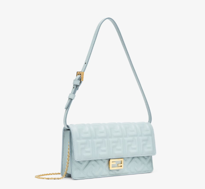 Front view of Fendi Wallet On Chain Baguette in black leather with gold chain strap and FF logo clasp