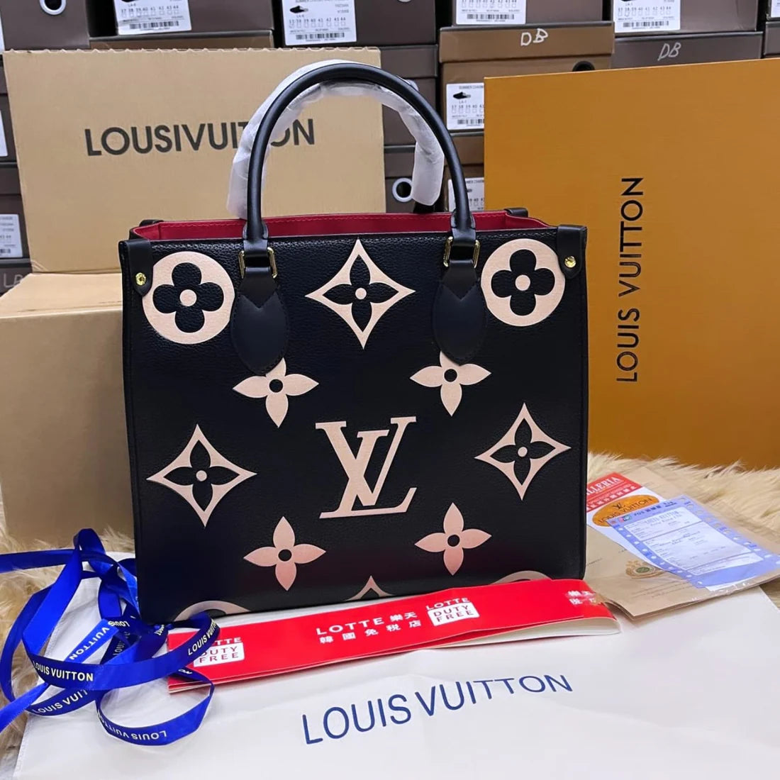 Louis Vuitton Onthego Black Medium Tote Bag for Women (Black/White)