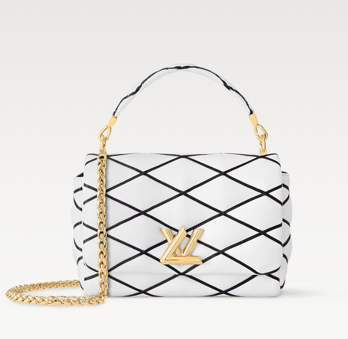 Front view of Louis Vuitton GO-14 MM Handbag in white and black quilted leather


