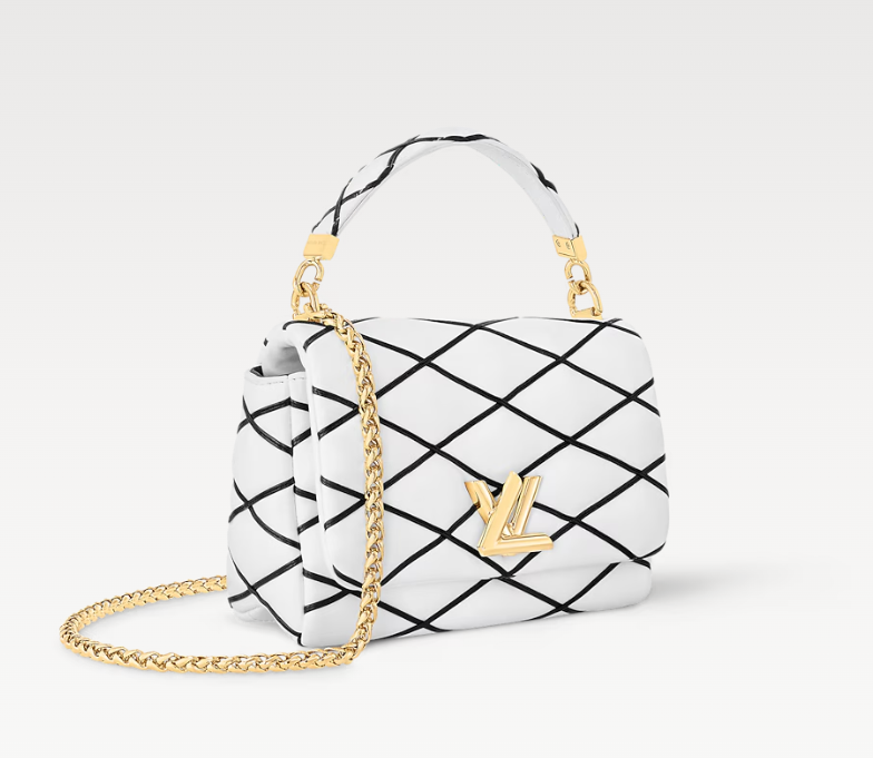 Side profile of white and black LV GO-14 MM handbag with monogram design