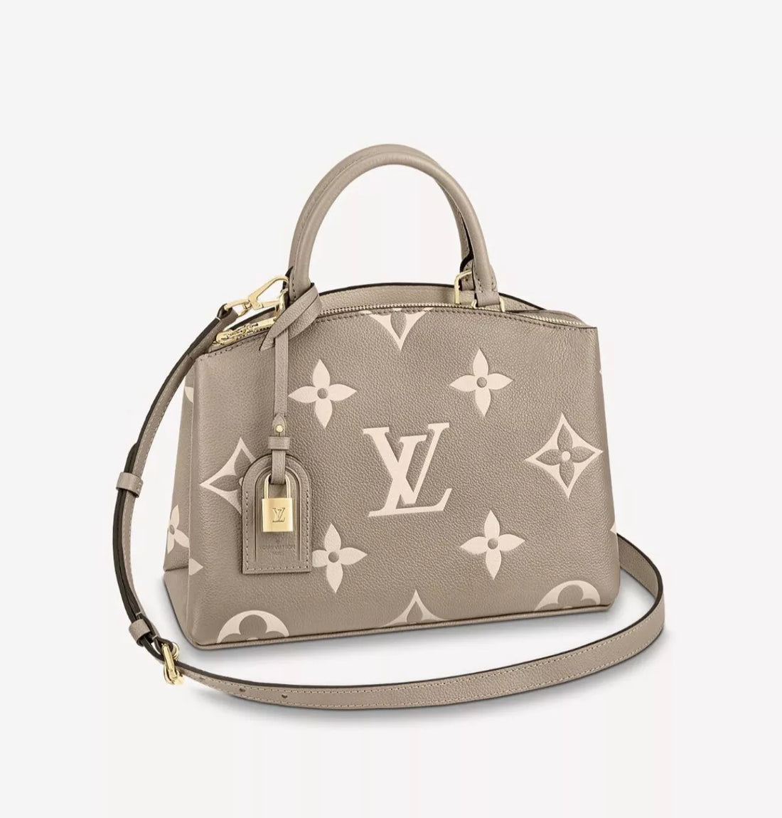 Front view of Louis Vuitton Petit Palais Handbag featuring classic monogram canvas and leather trim