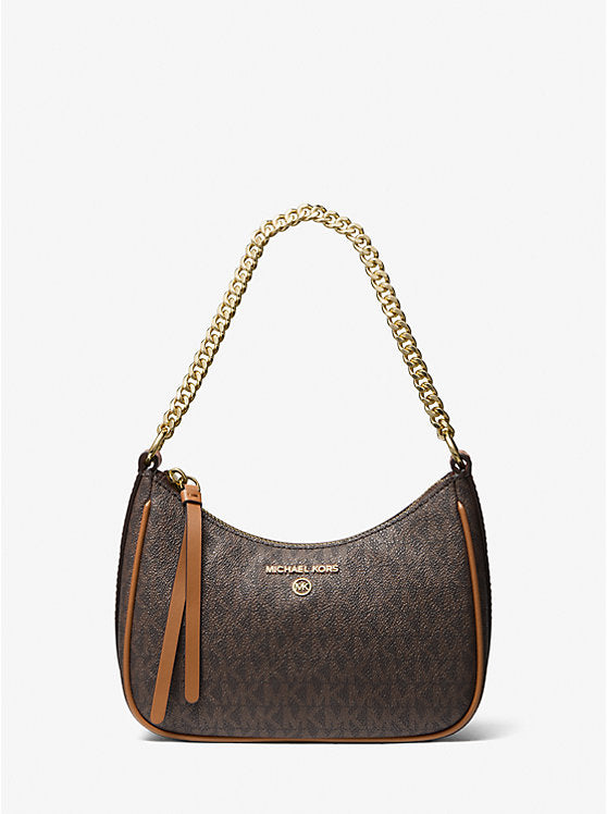 Front view of Michael Kors Jet Set Charm Small Logo Pochette – compact designer bag featuring signature MK monogram print.