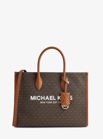 Front view of Michael Kors Mirella Logo Tote Bag with MK print