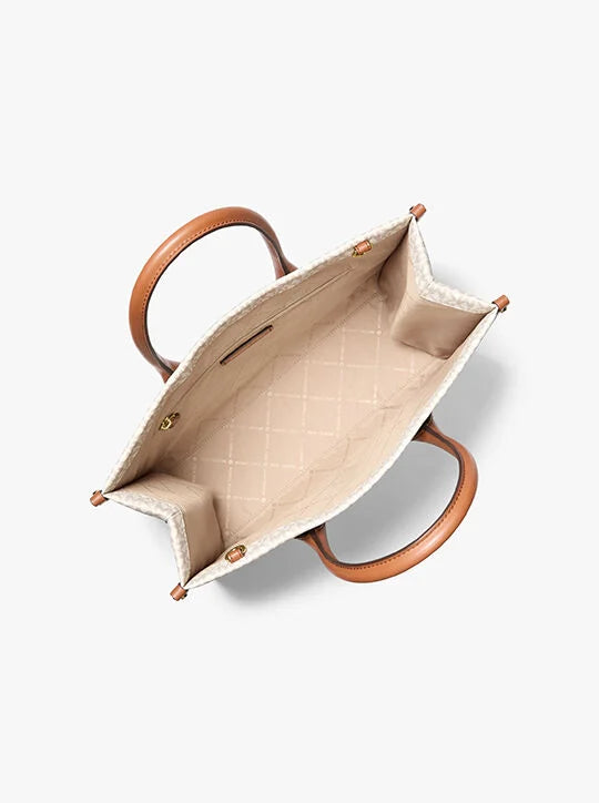 Top view of Mirella Logo Tote Bag with gold-tone hardware and roomy interior