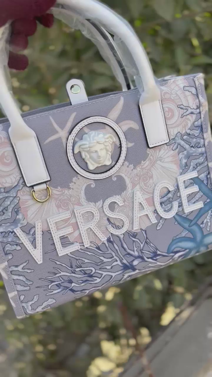 Versace Barocco Sea Canvas Tote Bag video showcasing its luxurious barocco print, premium canvas material, spacious interior, and stylish design in use.