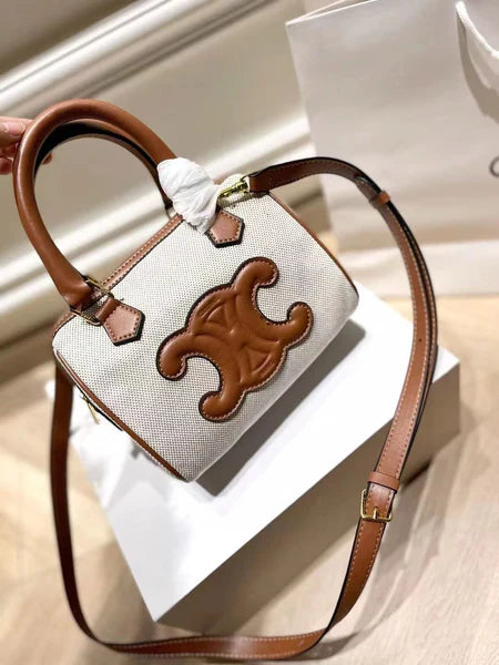 Celine Triomphe Textile Calfskin Small Boston Bag Natural Tan