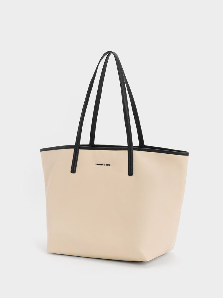 Top view of open Sianna Tote Bag in beige with spacious interior