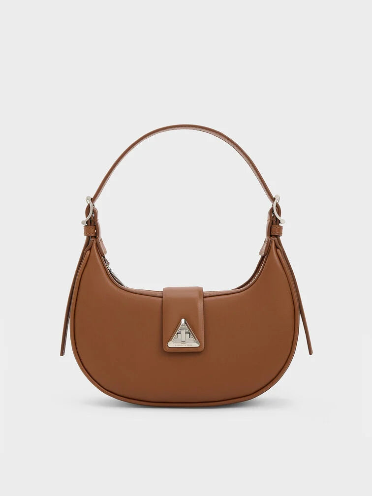 Front view of Trice Cognac Shoulder Bag with metallic belt detail and gold hardware