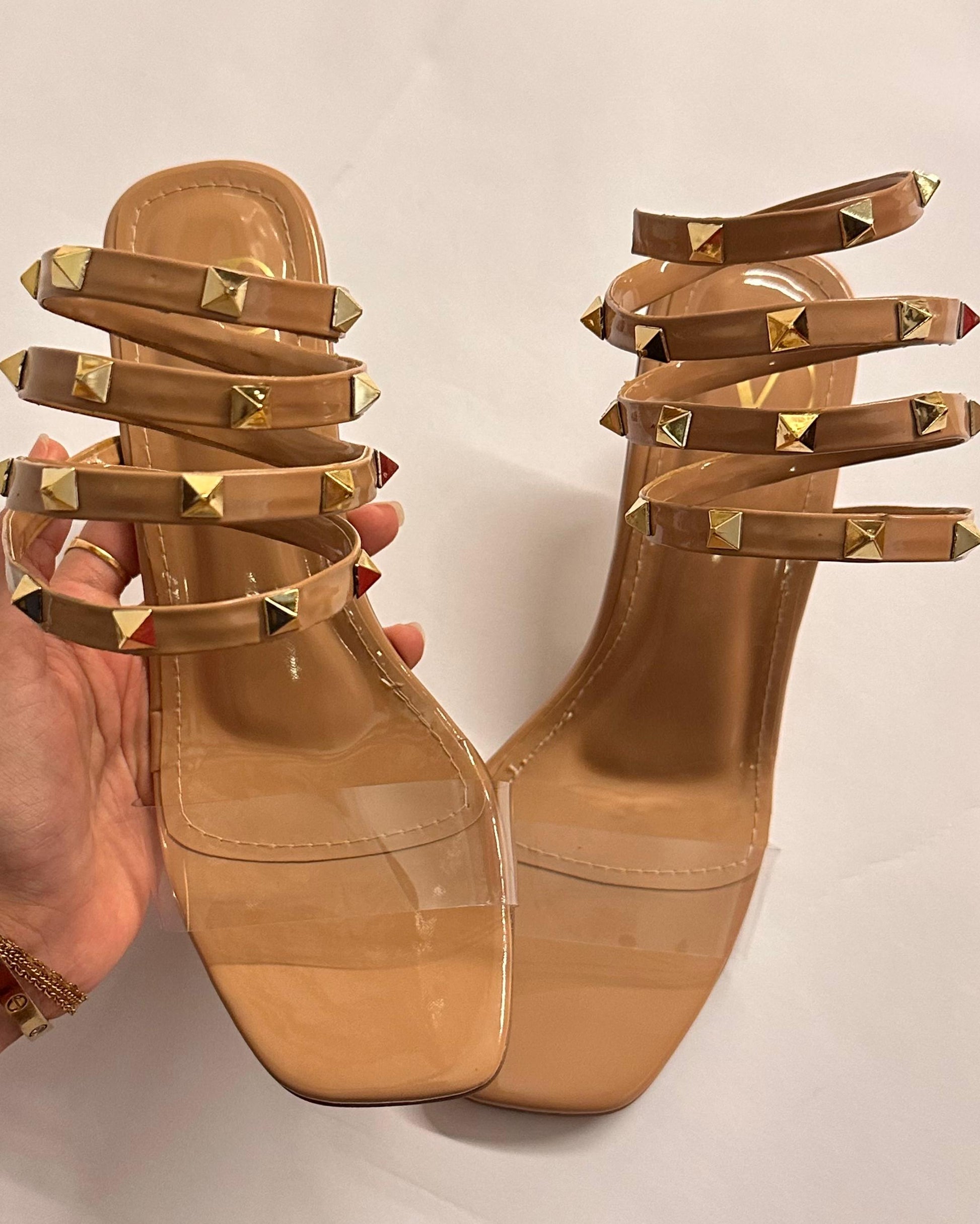 Right side view of Valentino Rockstud lace-up sandals – designer heels featuring signature pyramid studs and ankle wrap.