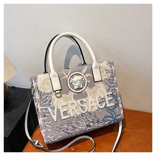 Versace Barocco Sea Canvas Tote Bag, front view showcasing bold barocco print and premium canvas material.