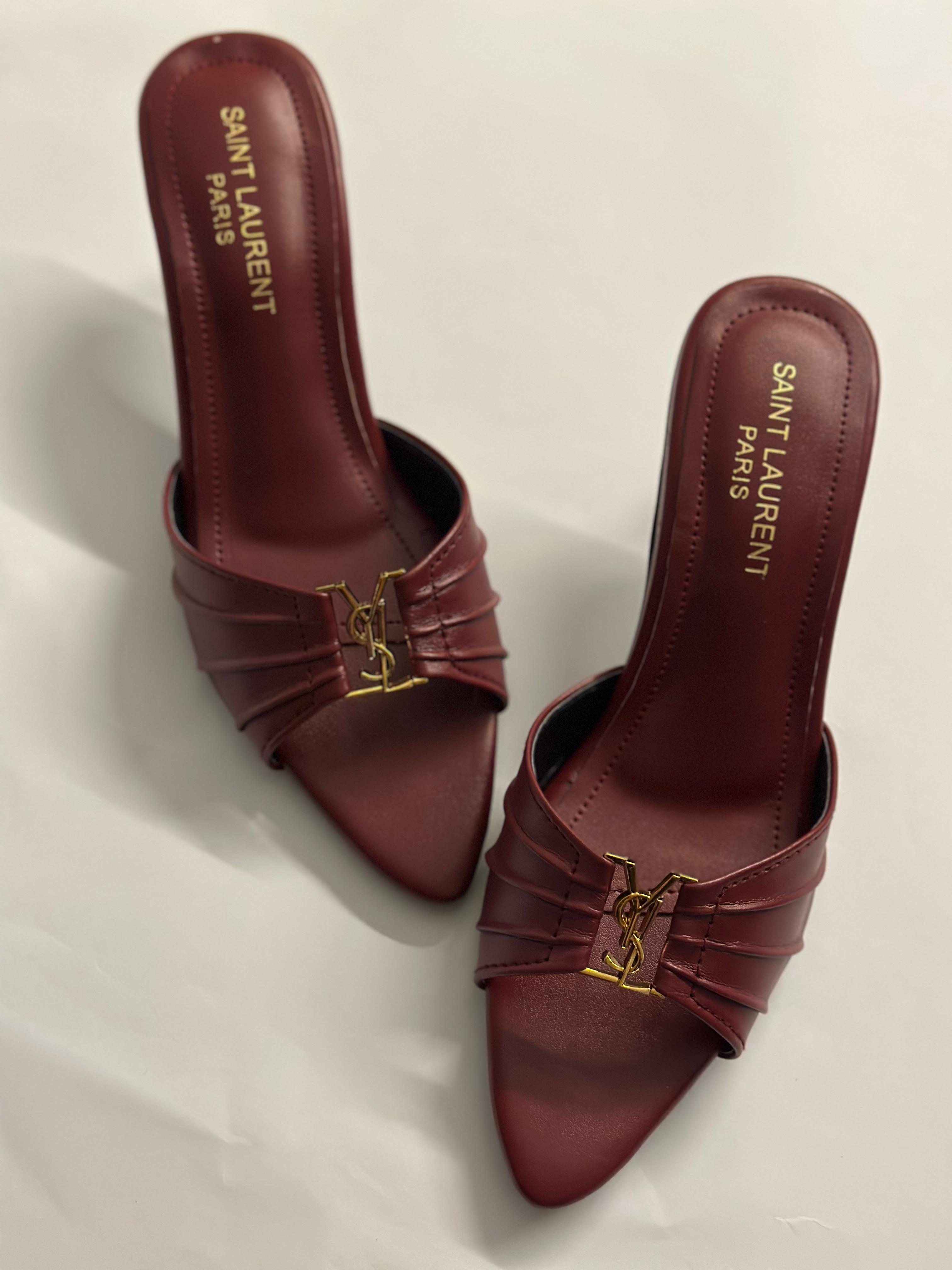 Front view of YSL Garnet Charm Pointed Heels – elegant pointed-toe designer heels in deep garnet red with sleek leather finish.