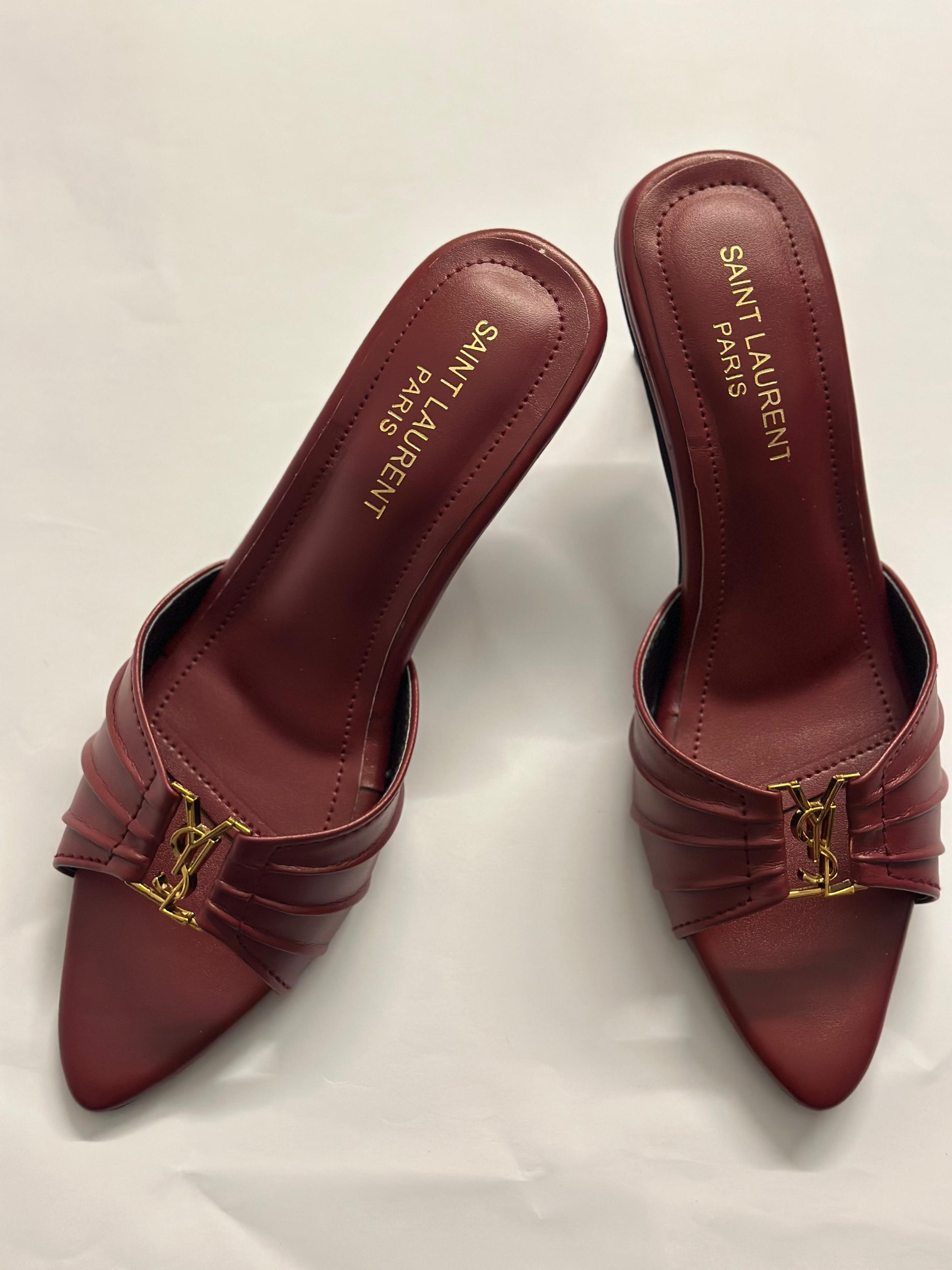 Model wearing YSL Garnet Charm Pointed Heels – luxurious heels perfect for formal events, evening wear, or high-end fashion styling.