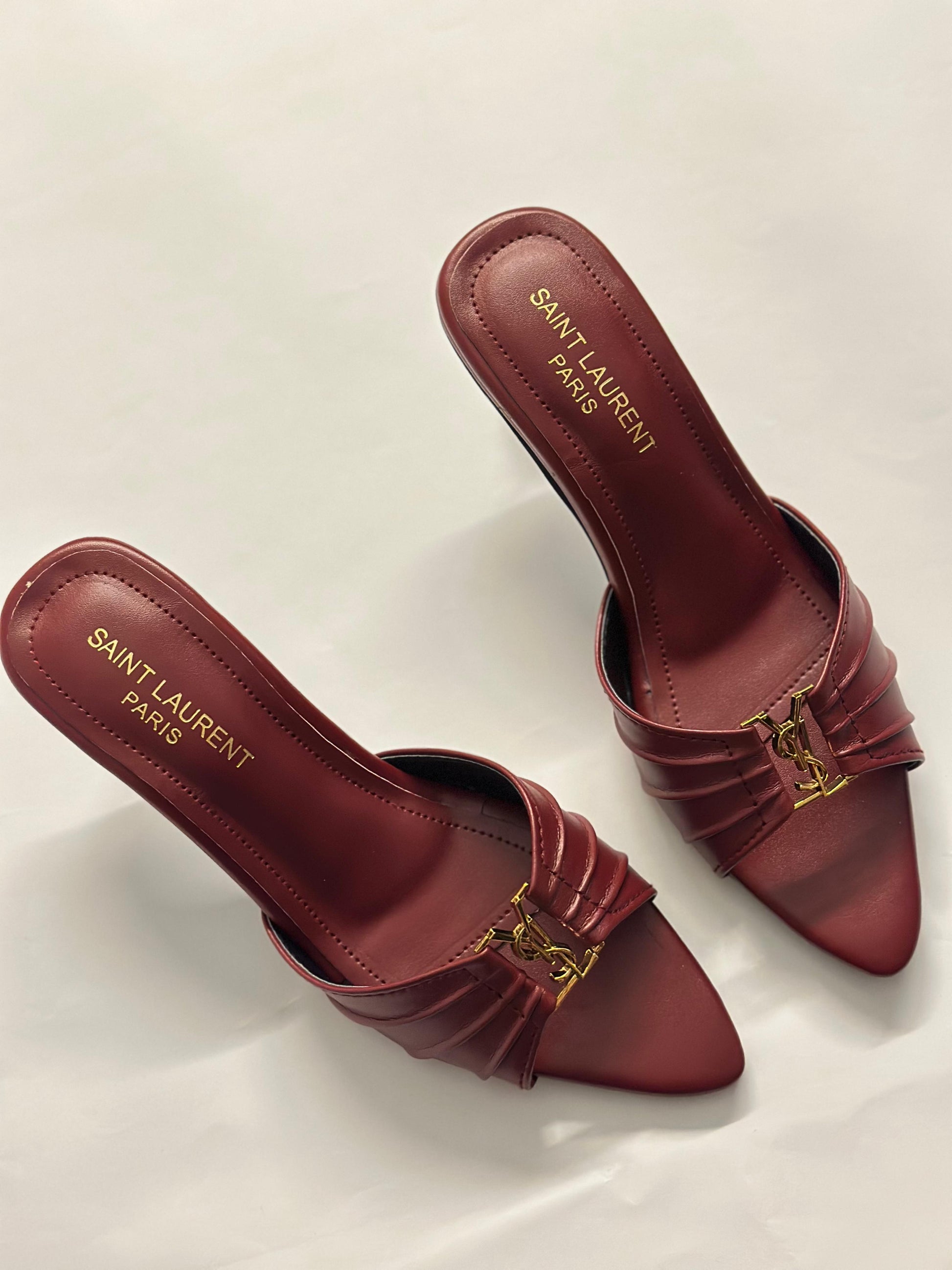 Close-up of charm detail on YSL Garnet Pointed Heels – stylish gold YSL accent adds a touch of glamour to the silhouette.