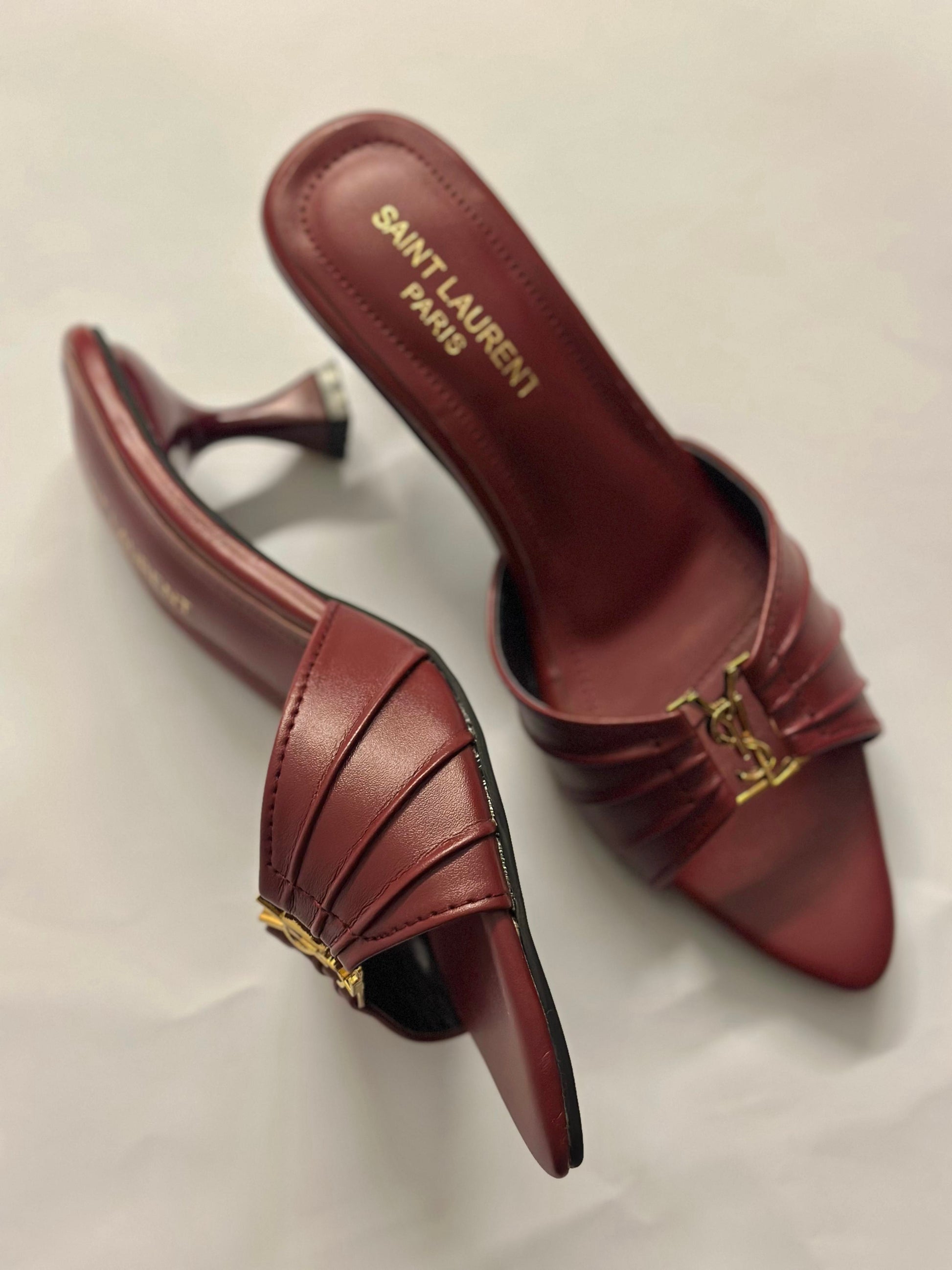 Side profile of YSL Garnet Charm Pointed Heels – luxury women’s shoes featuring high stiletto heel and signature YSL charm.