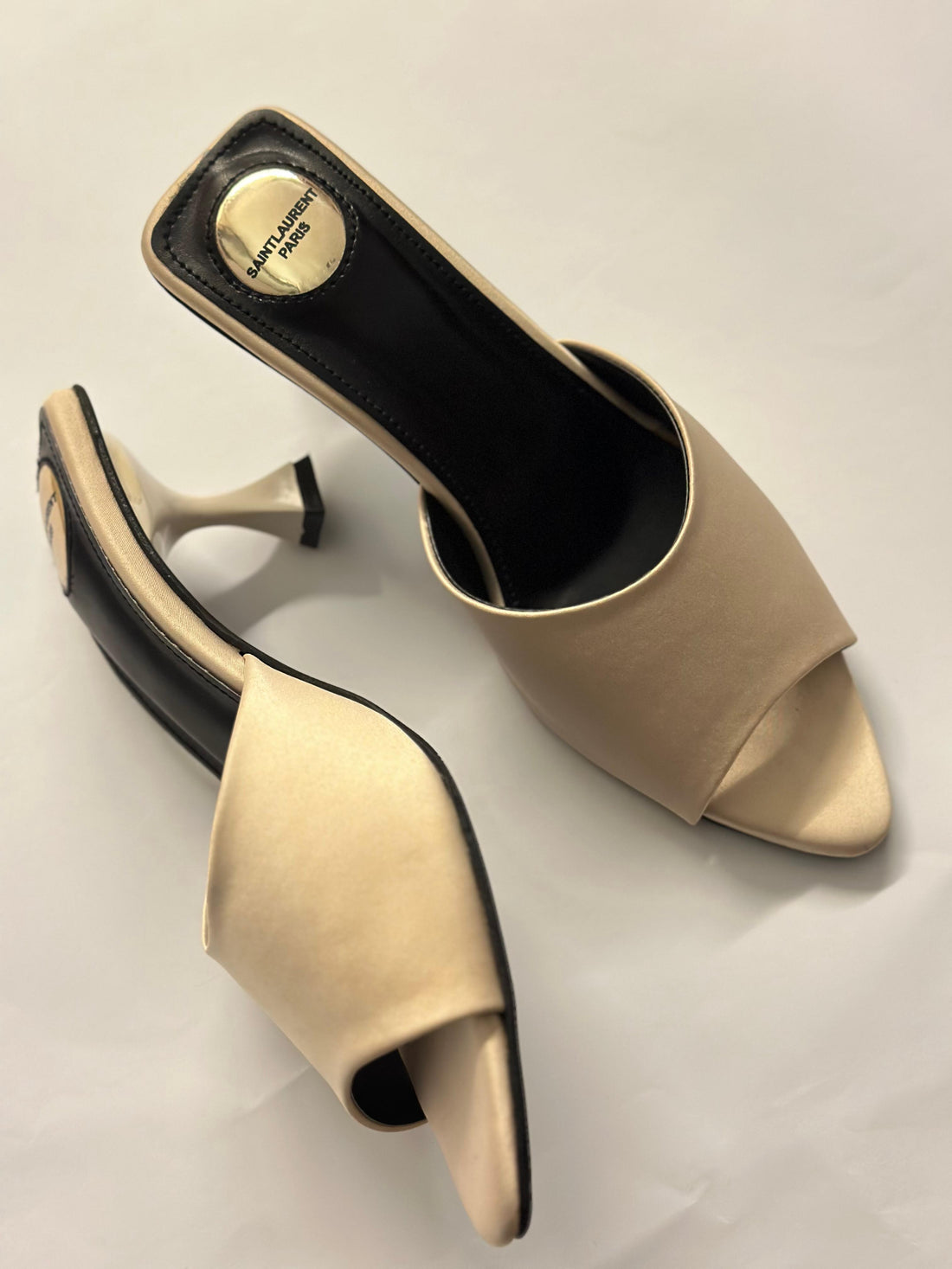 Front view of YSL Luxe Nude Slide Heels – elegant nude designer heels with minimalist leather strap and open toe.