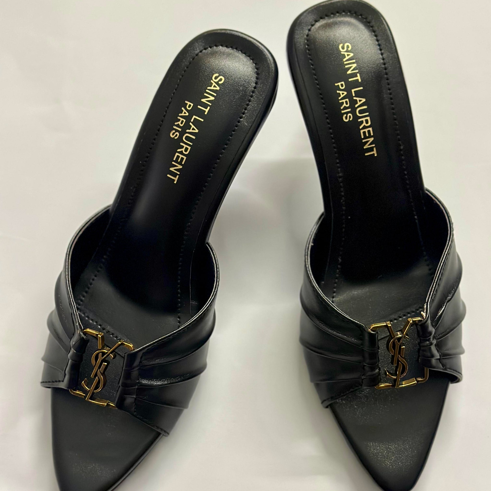 Front view of YSL Luxe Slide Heels – elegant women’s designer heels with open toe and minimalist strap design.